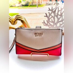 GUESS Colorblock Pebbled Leather Wristlet in Cream, Coral & Red